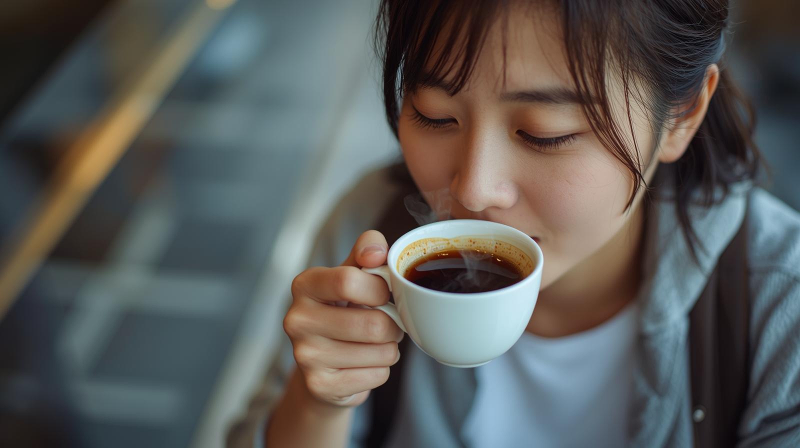 美味しいコーヒーを飲む 日本人女性 カジュアルな服装